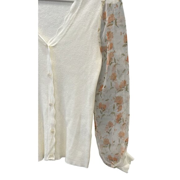 Sioni Womens Medium White Cardigan With Sheer Floral Sleeves Feminine Buttons GU - Picture 6 of 7